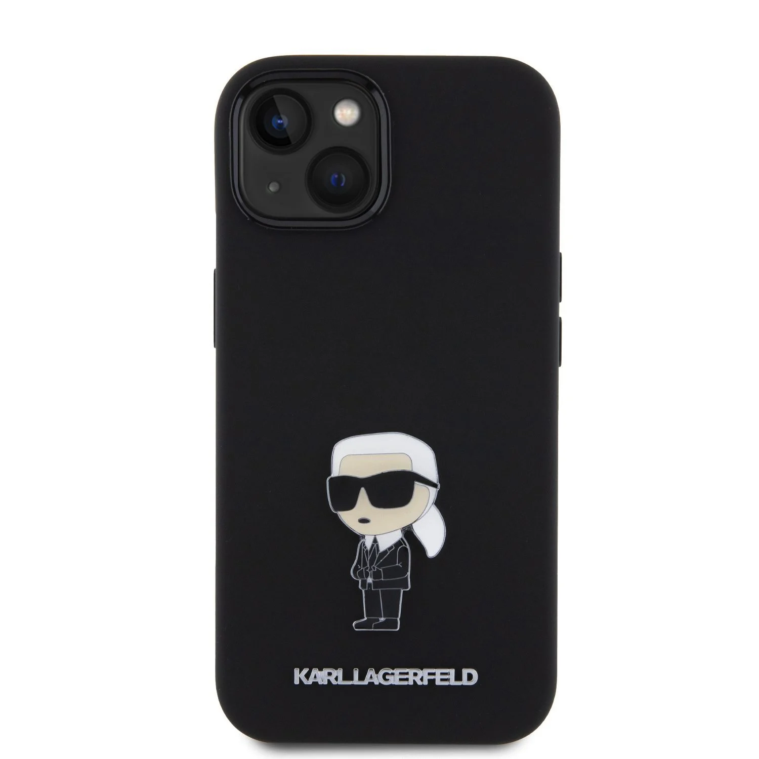 Черен силиконов кейс Karl Lagerfeld за iPhone 15 – метална фигура Карл, изглед отзад