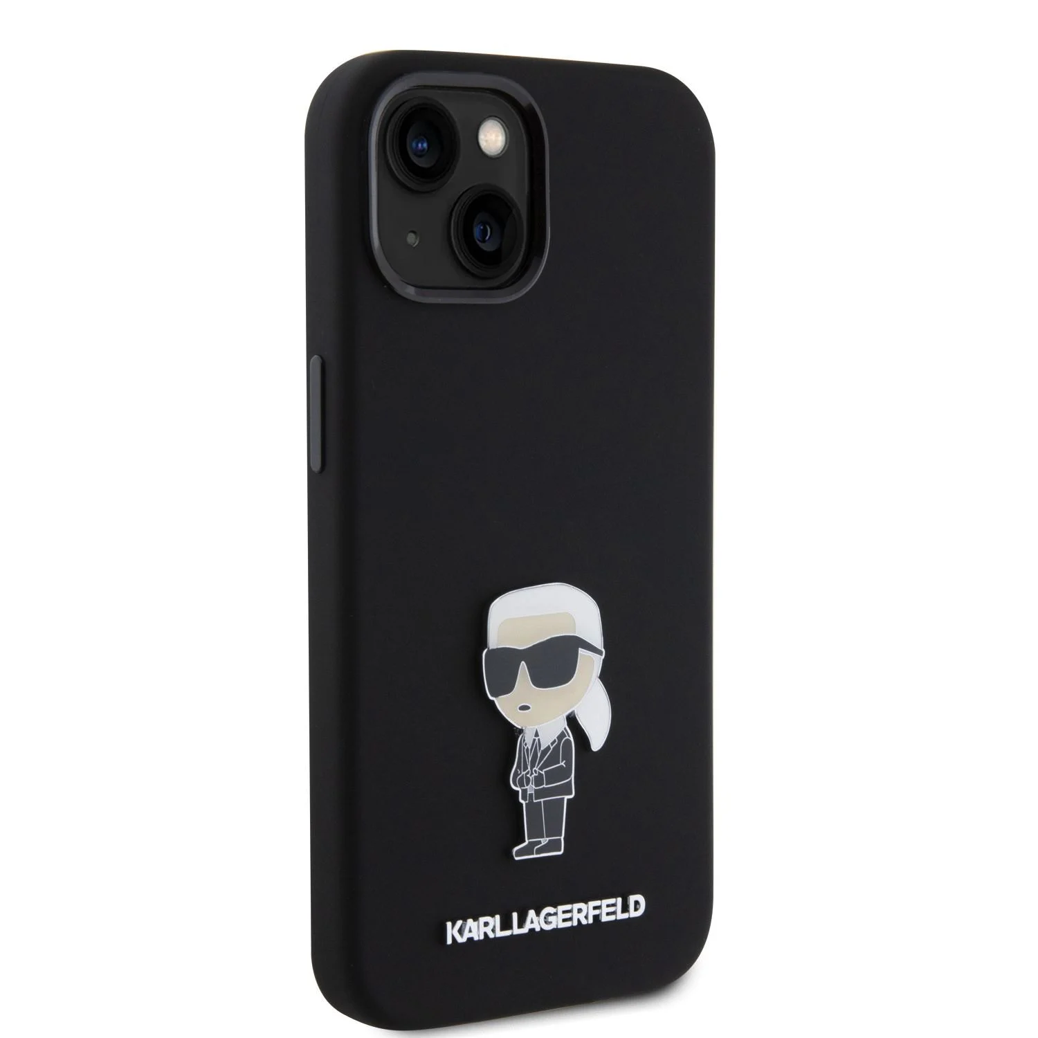 Черен силиконов кейс Karl Lagerfeld за iPhone 15 с метална икона Карл – изглед отзад