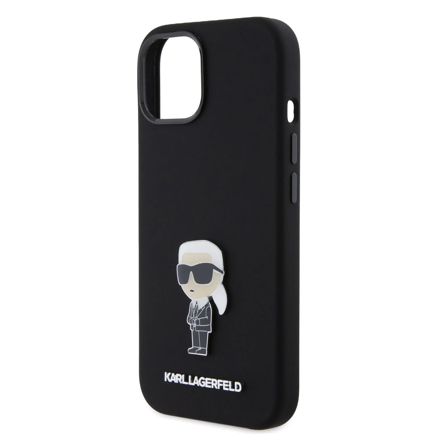 Черен силиконов кейс Karl Lagerfeld за iPhone 15 – метална икона Карл на гърба, изглед под ъгъл