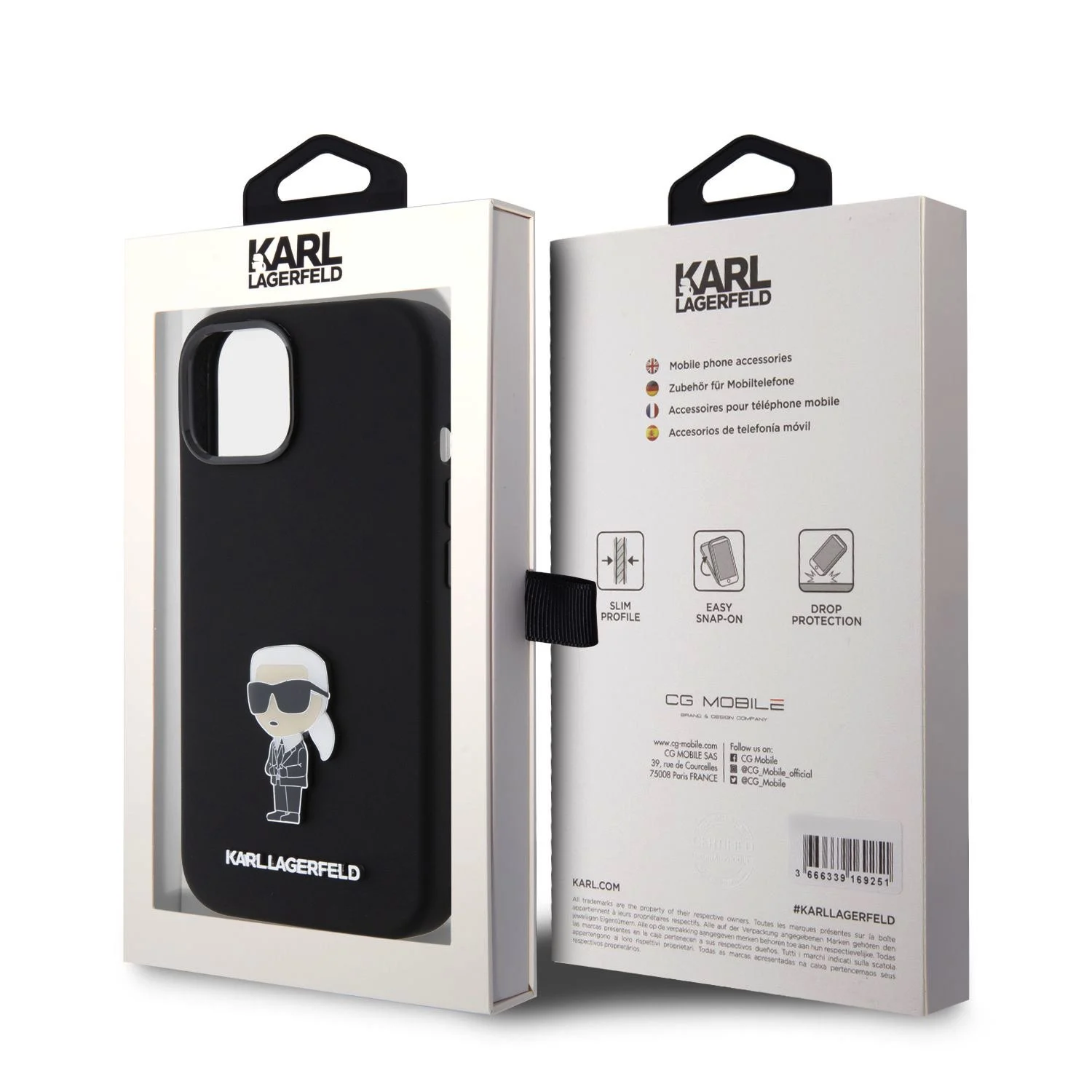 Опаковка на черен силиконов кейс Karl Lagerfeld за iPhone 15 – показва предната и задната страна на кутията с метална икона на Карл