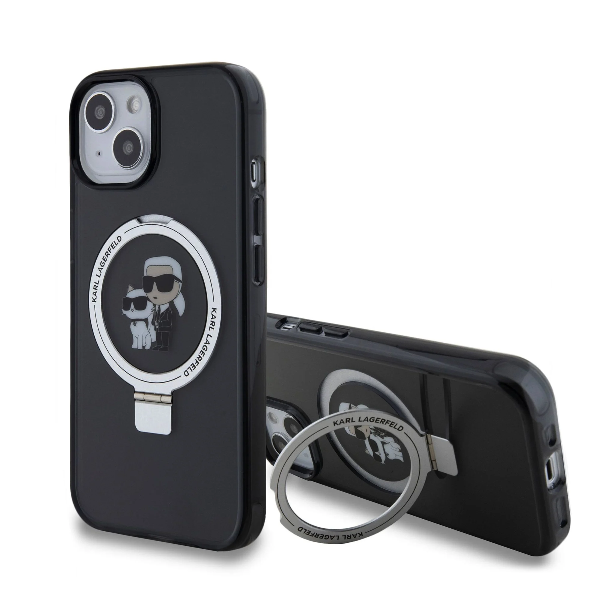 Кейс Karl Lagerfeld за iPhone 15 – два черни кейса с MagSafe пръстен и илюстрация на Карл и котката; единият кейс е със разгънат ринг