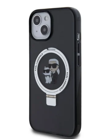 Черен кейс Karl Lagerfeld за iPhone 15 с MagSafe пръстен и илюстрация на Карл и котката – изглед под ъгъл
