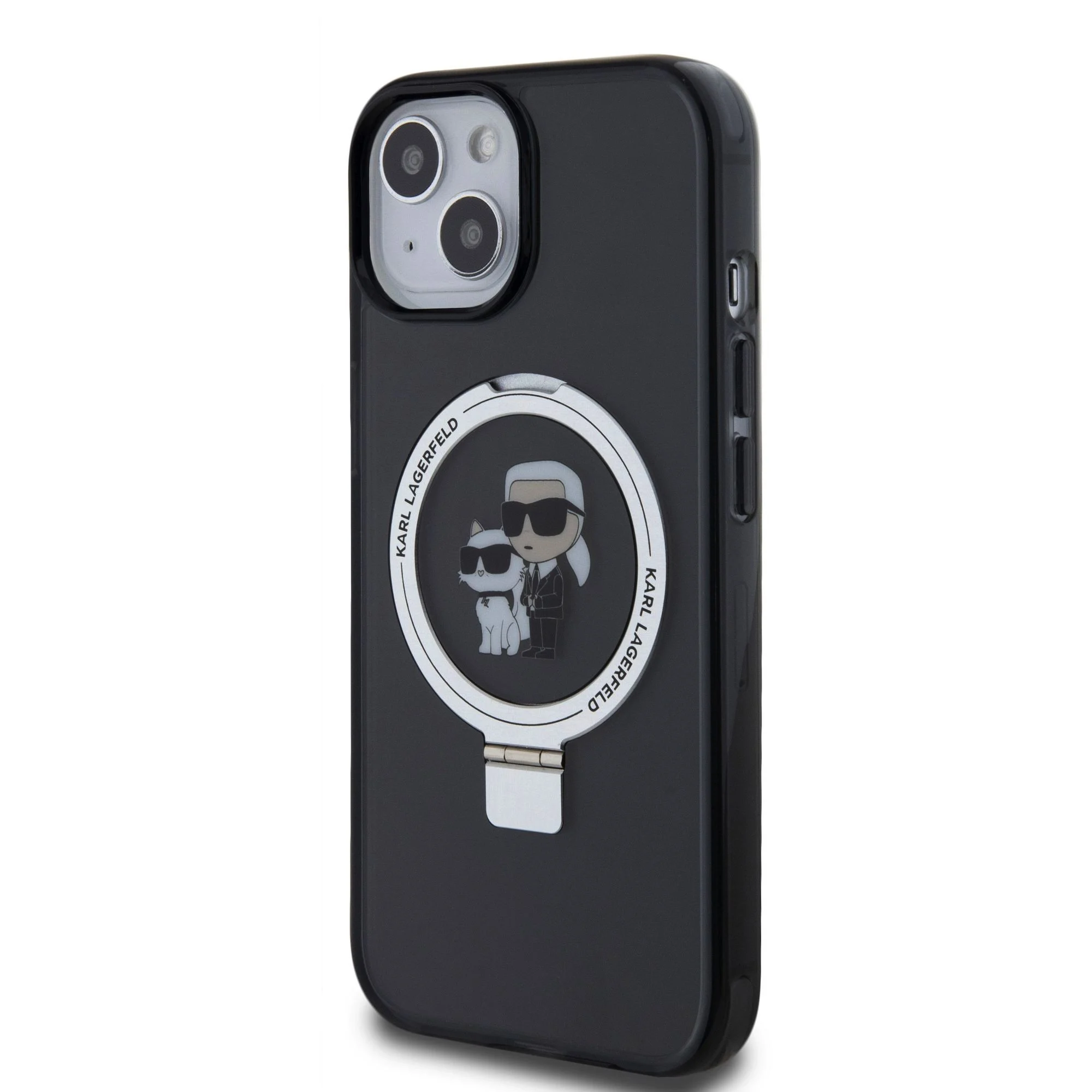 Черен кейс Karl Lagerfeld за iPhone 15 с MagSafe пръстен и илюстрация на Карл и котката – изглед под ъгъл