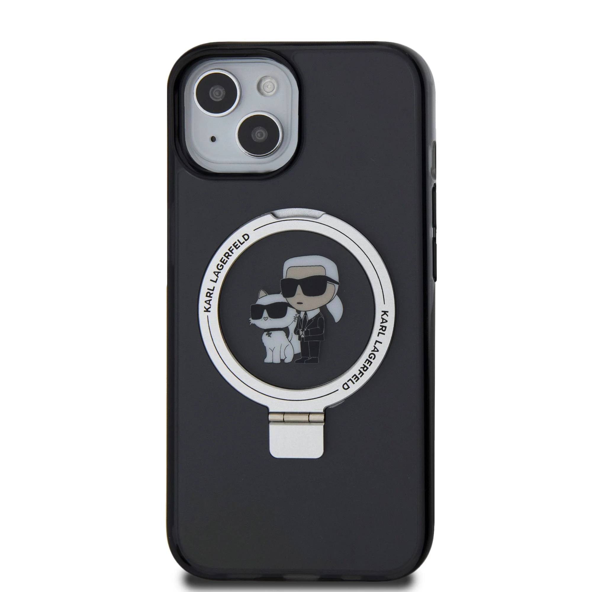 Кейс Karl Lagerfeld за iPhone 15 – черен кейс с MagSafe пръстен и илюстрация на Карл и котката, изглед отзад