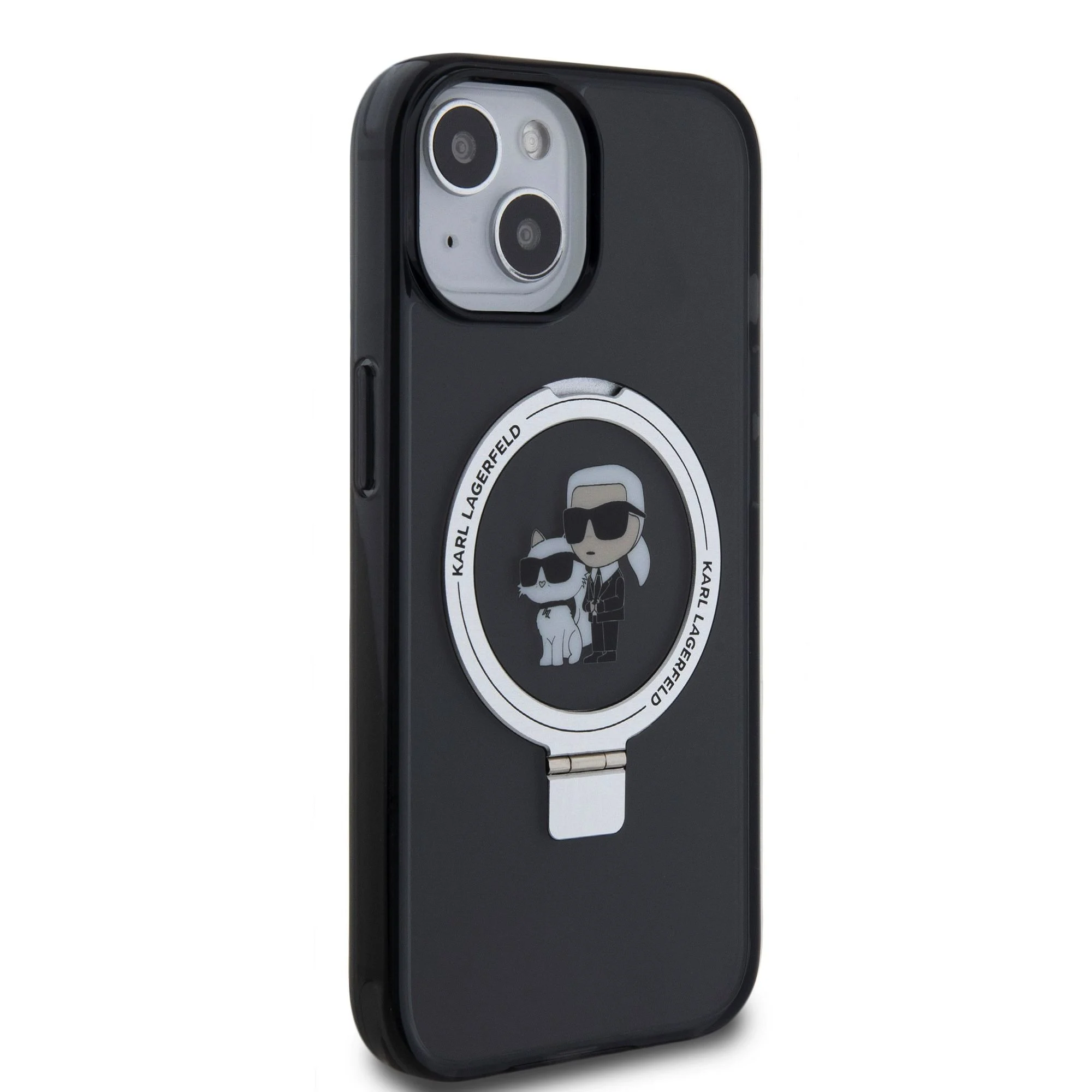 Черно-прозрачен кейс Karl Lagerfeld за iPhone 15 с MagSafe пръстен и илюстрация на Карл и котката – изглед отзад