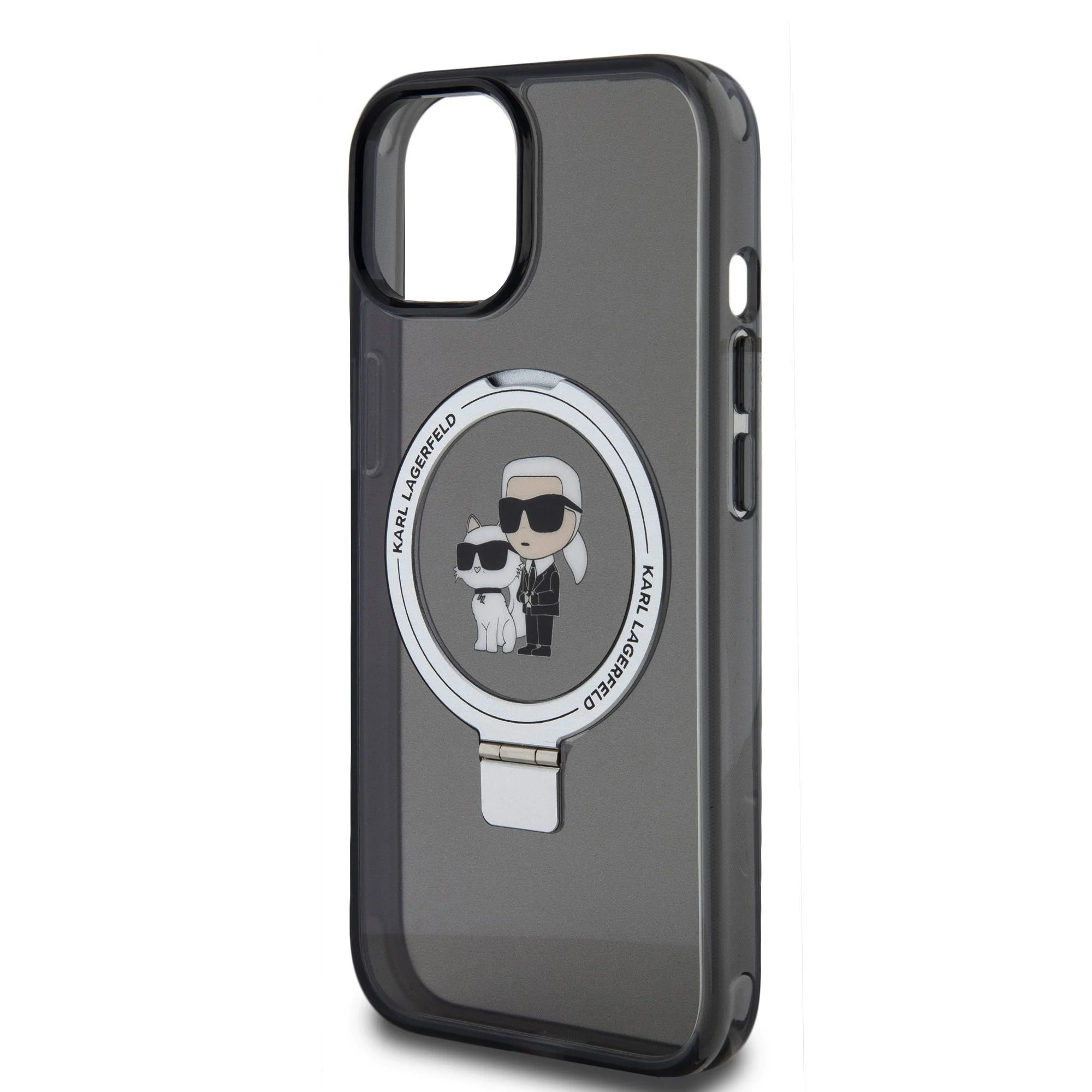 Кейс Karl Lagerfeld за iPhone 15 – прозрачен черен кейс с MagSafe пръстен и илюстрация на Карл и котката, рингът е изправен