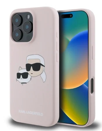 Karl Lagerfeld Калъф Apple iPhone 16 Pro, Liquid Silicone Double Heads MagSafe /розов/ - KLHMP16LSKCHPPLP