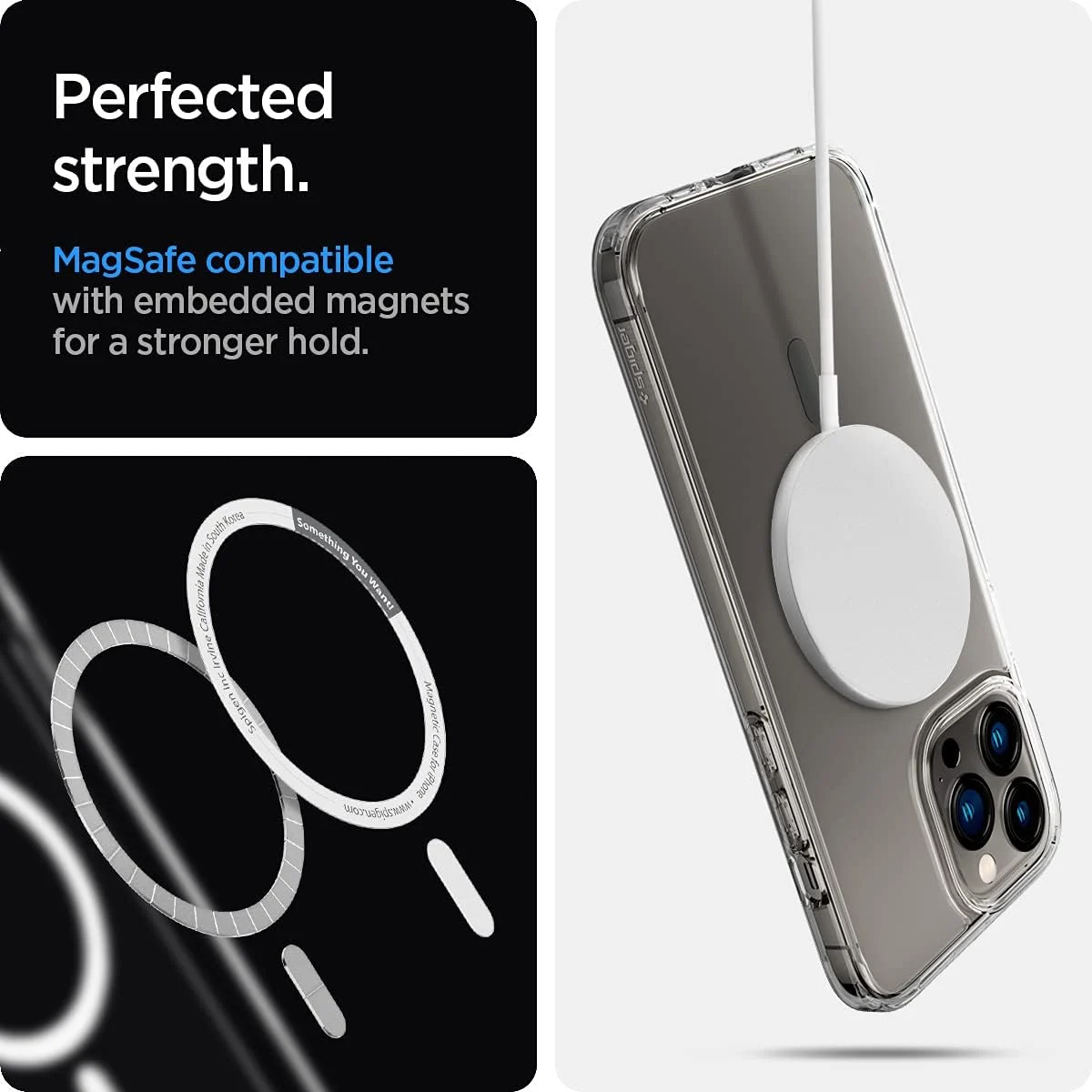 Рекламна графика за Spigen Ultra Hybrid MagFit калъф – MagSafe съвместим, подобрена здравина с вградени магнити
