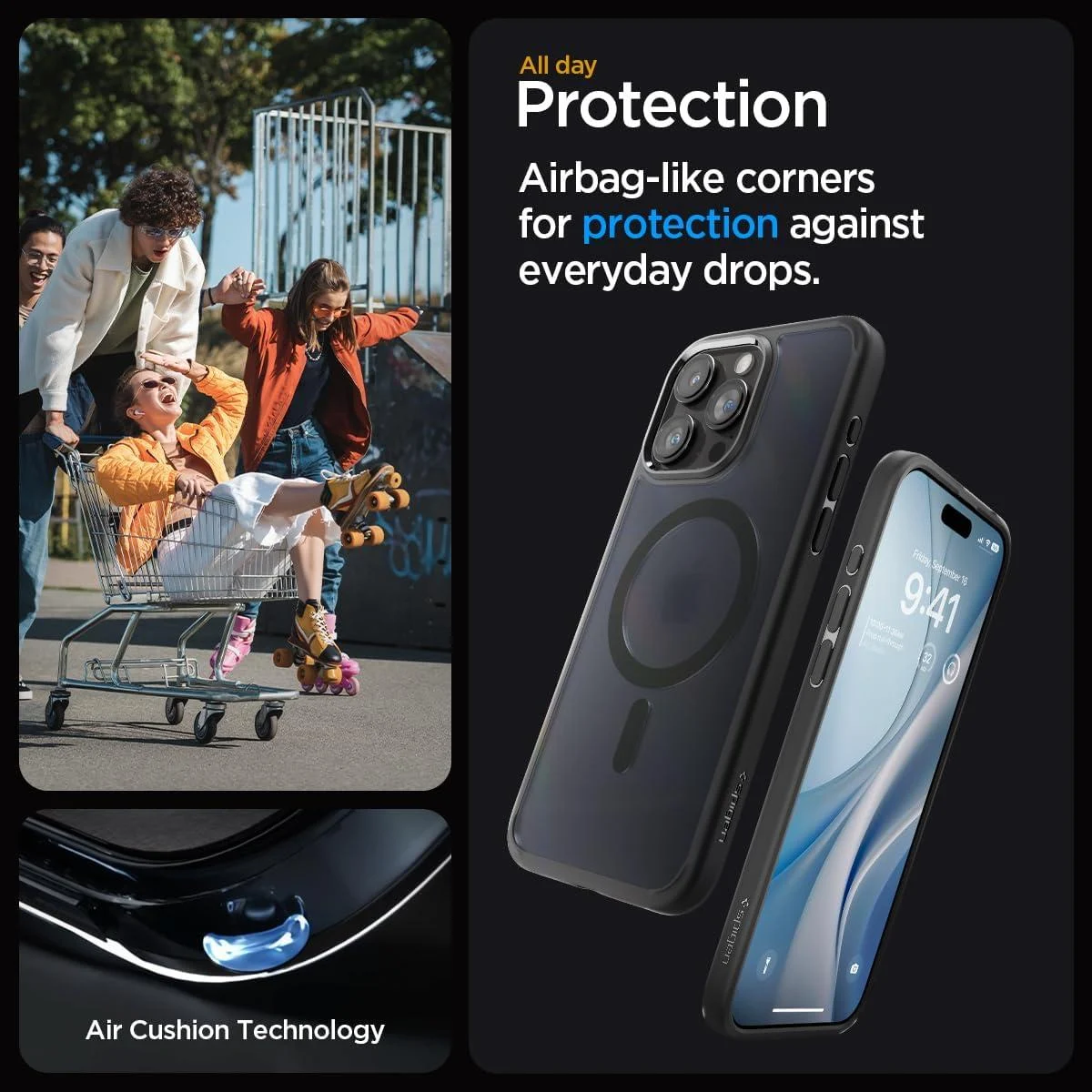 Промоционален постер Spigen Ultra Hybrid MagFit – защита с въздушна възглавница, група хора с количка и калъф за iPhone 15 Pro MagFit