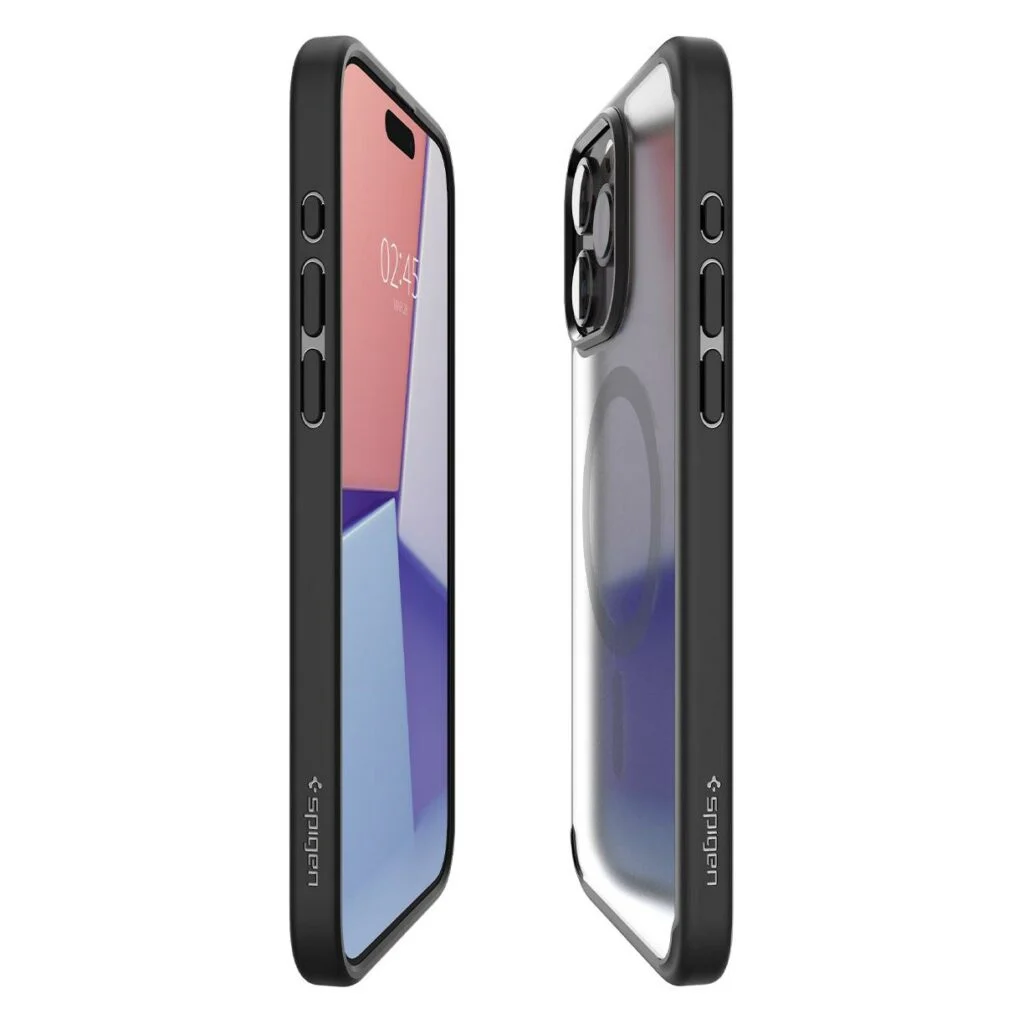 Калъф Spigen Ultra Hybrid MagFit за iPhone 15 Pro – страничен изглед, прозрачен гърб и черен рамка