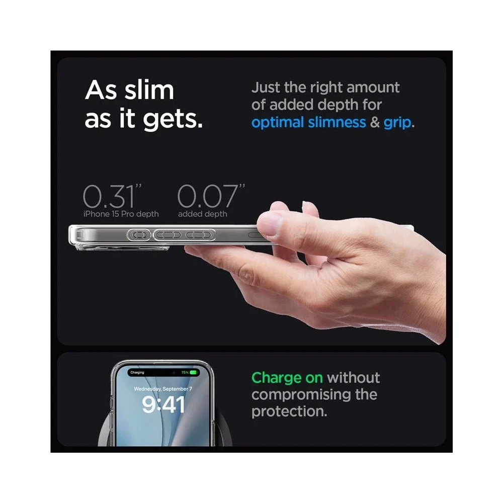 Рекламна графика за Spigen Ultra Hybrid MagFit – ултратънък дизайн 0,07 инча за оптимална тънкост и захват, възможност за безжично зареждане