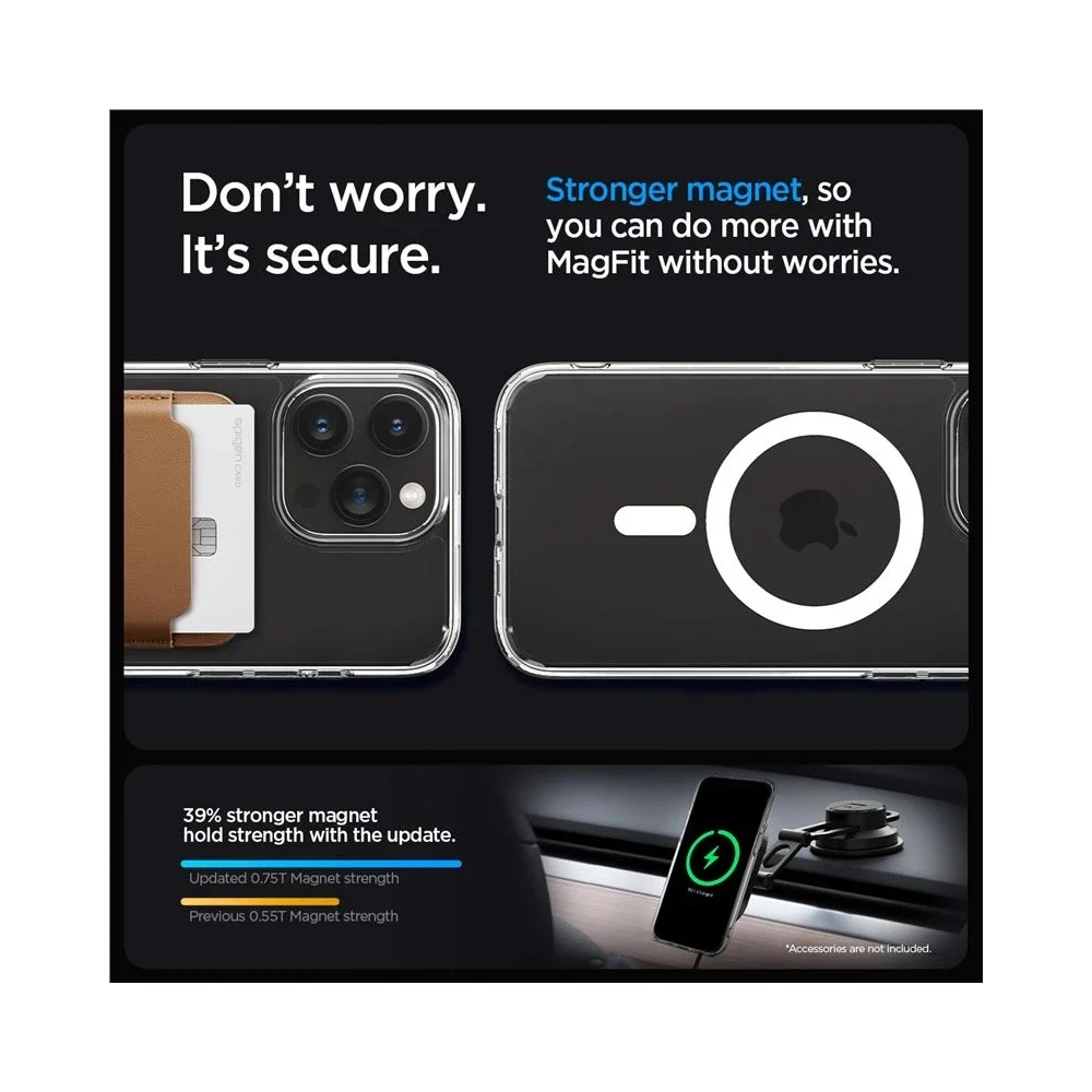 Рекламна графика за Spigen Ultra Hybrid MagFit – надпис "Don't worry, it's secure", показвани магнитни пръстени и технология за 39% по-силен магнит
