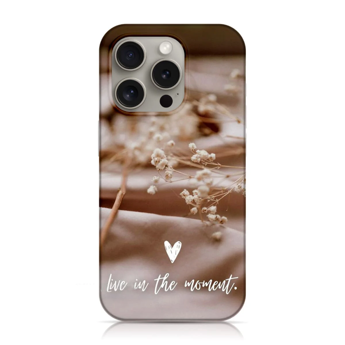 Кейс Spring Colors "Live in the moment" за iPhone 15 Plus/Pro – прозрачен с кафяво-цветен принт и надпис