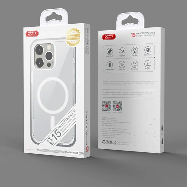 Опаковка на прозрачен кейс XO MagSafe за iPhone 15 – показва предната и задната страна на кутията с бял магнитен кръг