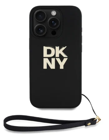 DKNY Калъф Apple iPhone 16 Pro, PU Leather Stack Logo + Wrist Strap, черен - DKHCP16LPBSWSK