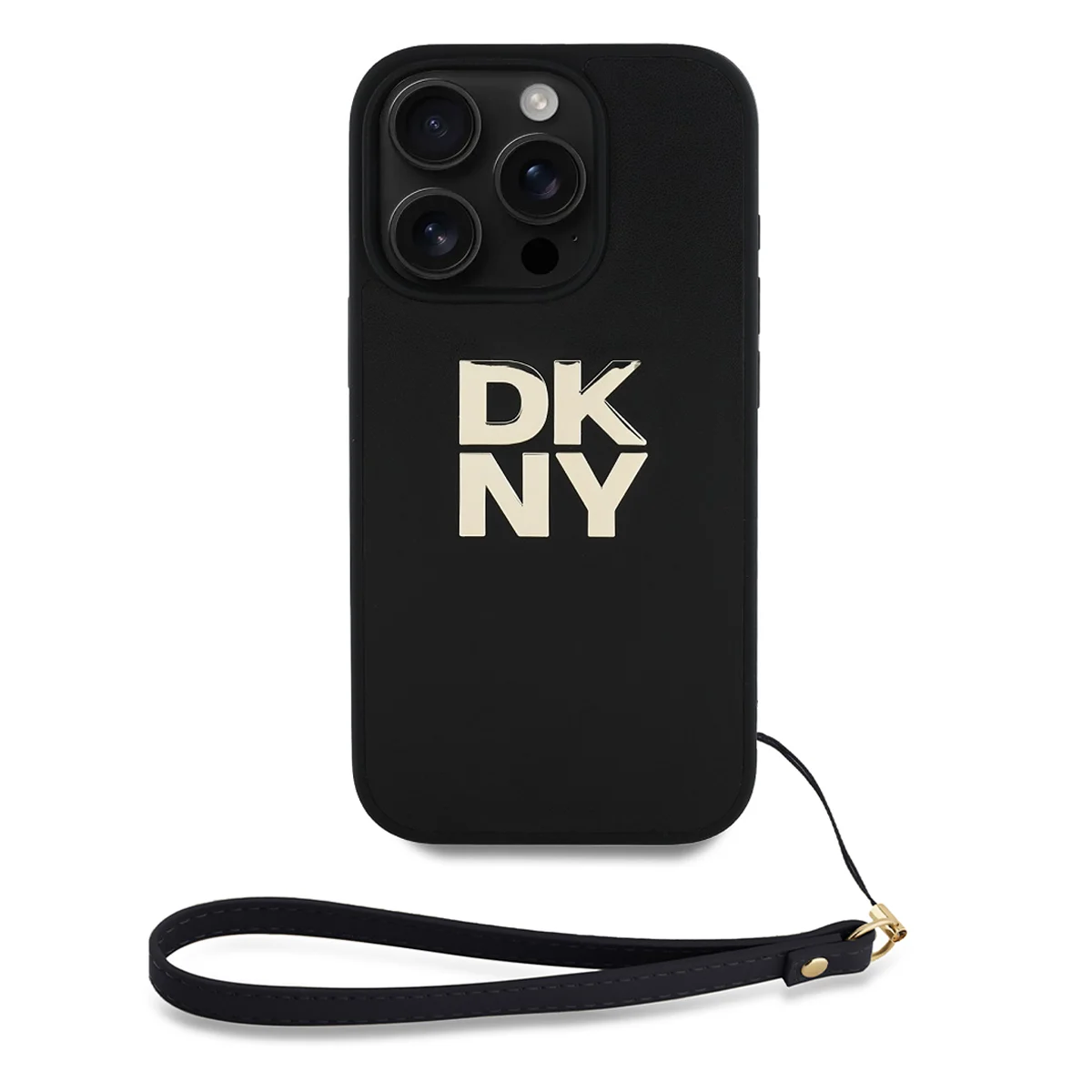 DKNY Калъф Apple iPhone 16 Pro, PU Leather Stack Logo + Wrist Strap, черен - DKHCP16LPBSWSK