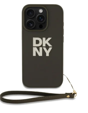 DKNY Калъф Apple iPhone 16 Pro, PU Leather Stack Logo + Wrist Strap, зелен - DKHCP16LPBSWSA
