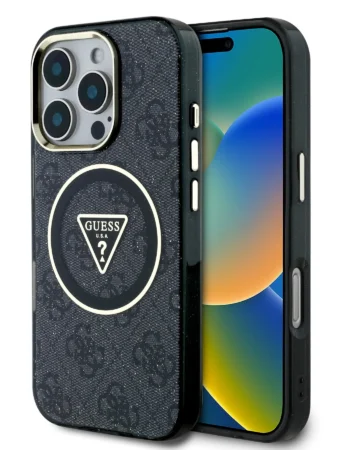 GUESS Калъф Apple iPhone 16 Pro, IML 4G Glitter and Triangle Logo MagSafe, черен - GUHMP16LHG4PRTGK