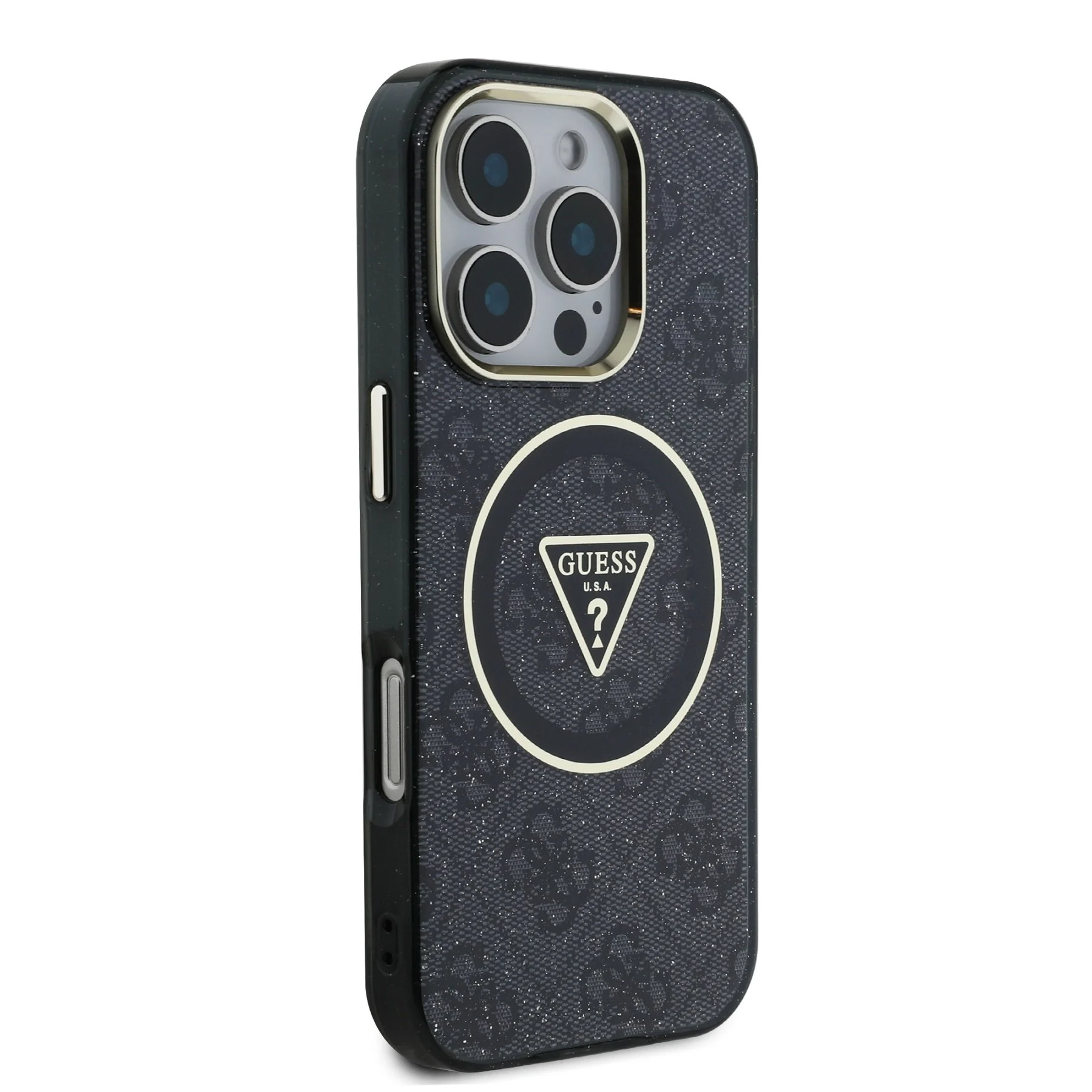 GUESS Калъф Apple iPhone 16 Pro, IML 4G Glitter and Triangle Logo MagSafe, черен - GUHMP16LHG4PRTGK – снимка 4
