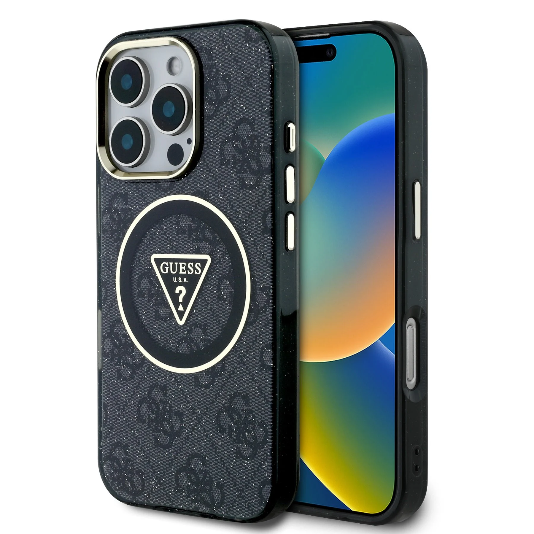 GUESS Калъф Apple iPhone 16 Pro, IML 4G Glitter and Triangle Logo MagSafe, черен - GUHMP16LHG4PRTGK