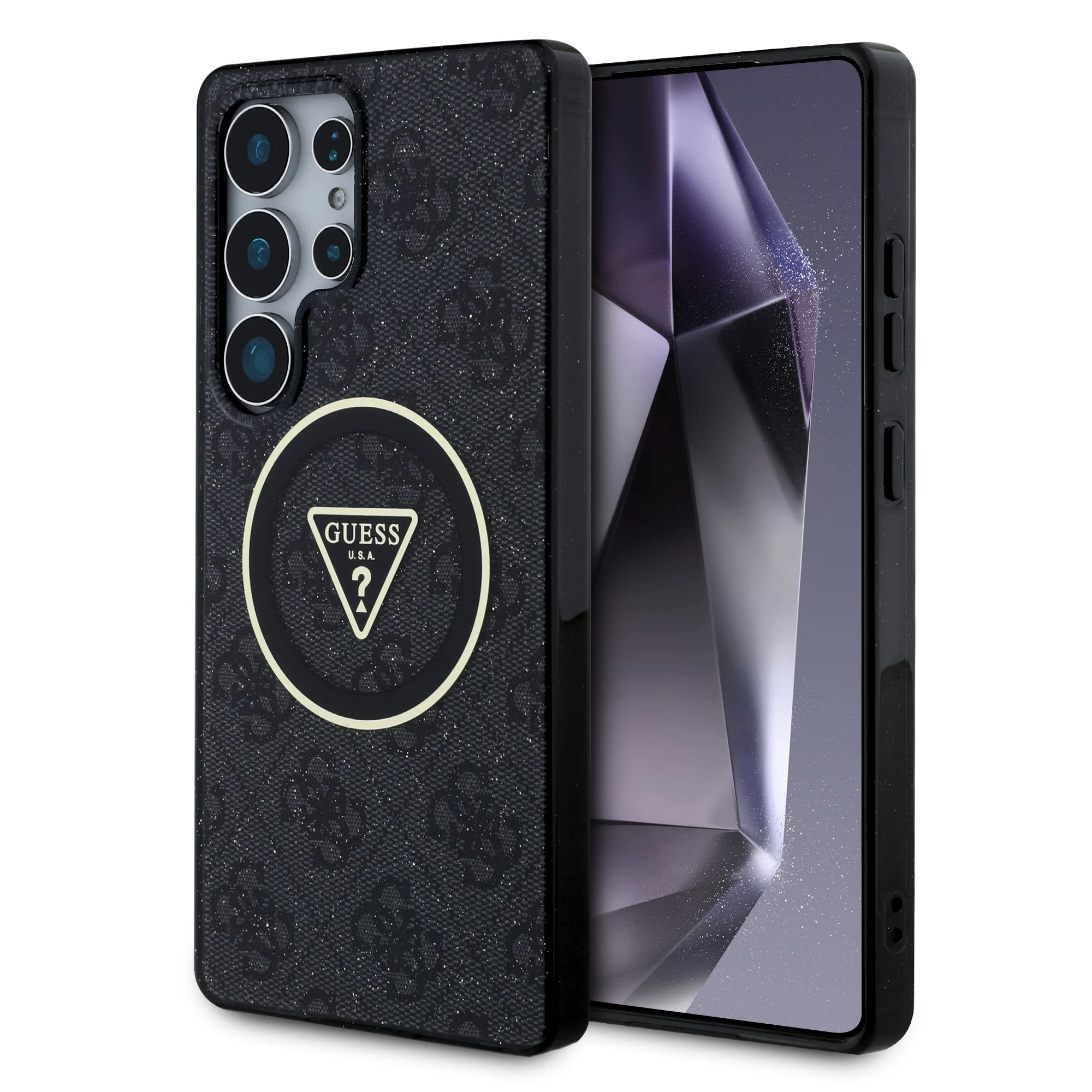 GUESS Калъф Samsung S25 Ultra, IML 4G Glitter and Triangle Logo MagSafe, черен - GUHMS25LHG4PRTGK