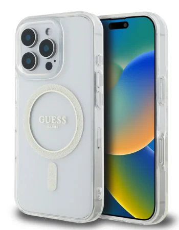GUESS Калъф Apple iPhone 16 Pro, IML Glitter Ring MagSafe, прозрачен - GUHMP16LHFGERET