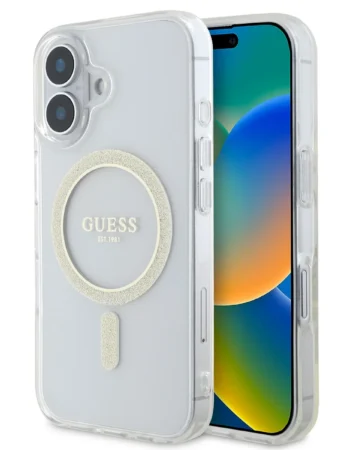 GUESS Калъф Apple iPhone 16 Plus, IML Glitter Ring MagSafe, прозрачен - GUHMP16MHFGERET