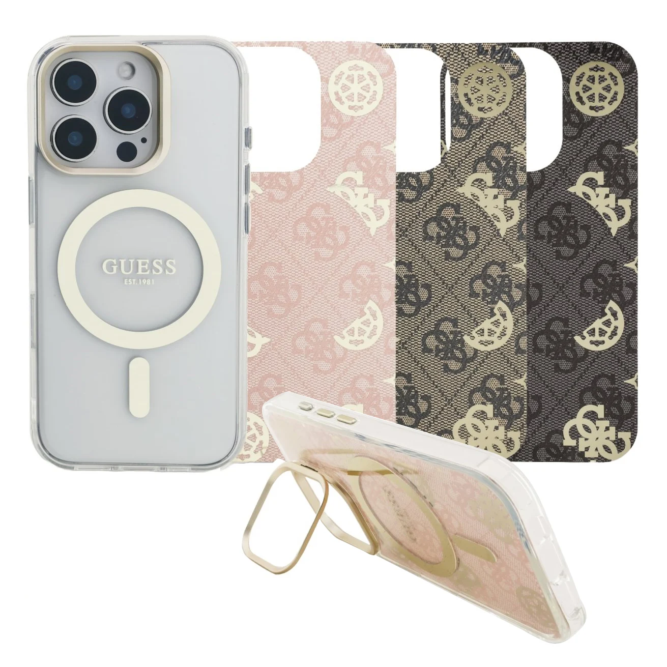 GUESS Калъф Apple iPhone 16 Pro, PC/TPU Electroplated Stand Camera Frame MagSafe + 3 Backgrounds - GUBPSBHMP16LF4P05