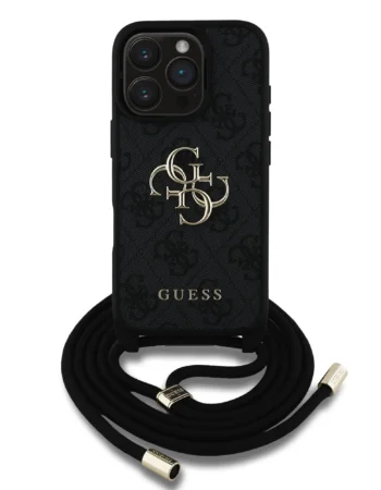 GUESS Калъф Apple iPhone 16 Pro, PU 4G Metal Logo Crossbody + Strap, черен - GUHCP16LP4GMGCRK