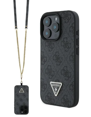 GUESS Калъф Apple iPhone 16 Pro, PU 4G Strass Triangle Metal Logo Case + Crossbody Strap, черен - GUHCP16LP4TDSCPK