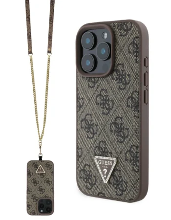 GUESS Калъф Apple iPhone 16 Pro, PU 4G Strass Triangle Metal Logo Case + Crossbody Strap, кафяв - GUHCP16LP4TDSCPW