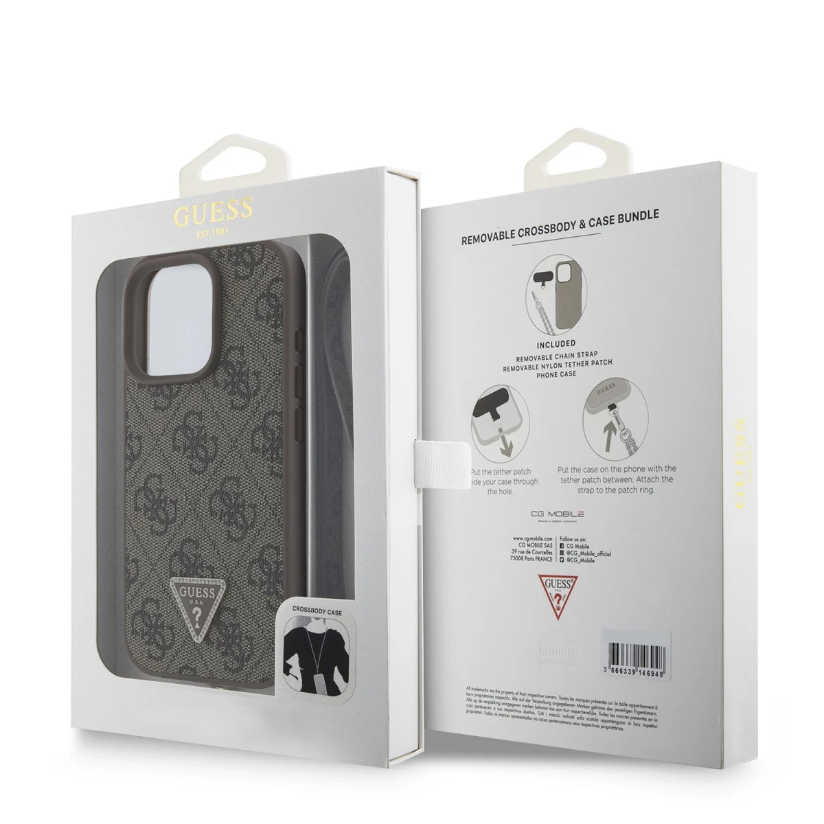 GUESS Калъф Apple iPhone 16 Pro, PU 4G Strass Triangle Metal Logo Case + Crossbody Strap, кафяв - GUHCP16LP4TDSCPW – снимка 6
