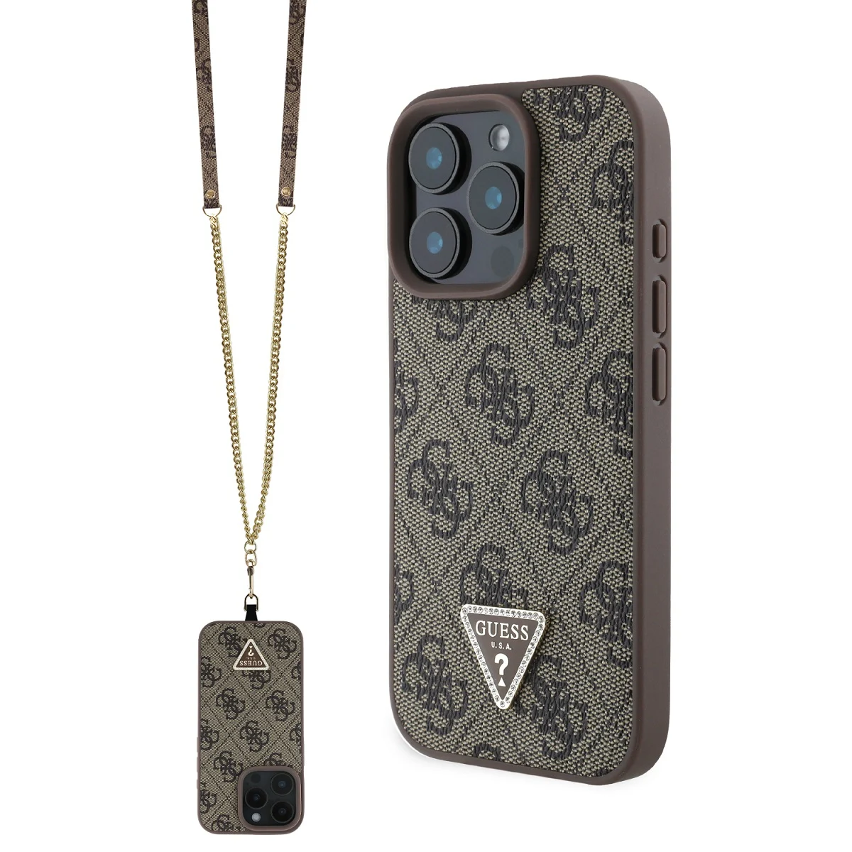 GUESS Калъф Apple iPhone 16 Pro, PU 4G Strass Triangle Metal Logo Case + Crossbody Strap, кафяв - GUHCP16LP4TDSCPW