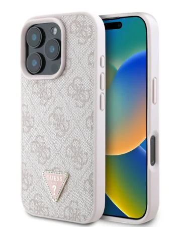 GUESS Калъф Apple iPhone 16 Pro, PU 4G Strass Triangle Metal Logo, розов - GUHCP16LP4TDPP