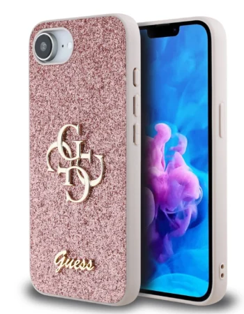 Калъф GUESS Apple iPhone 16e, PU Fixed Glitter 4G Metal Logo, розов - GUHCPSE4HG4SGP
