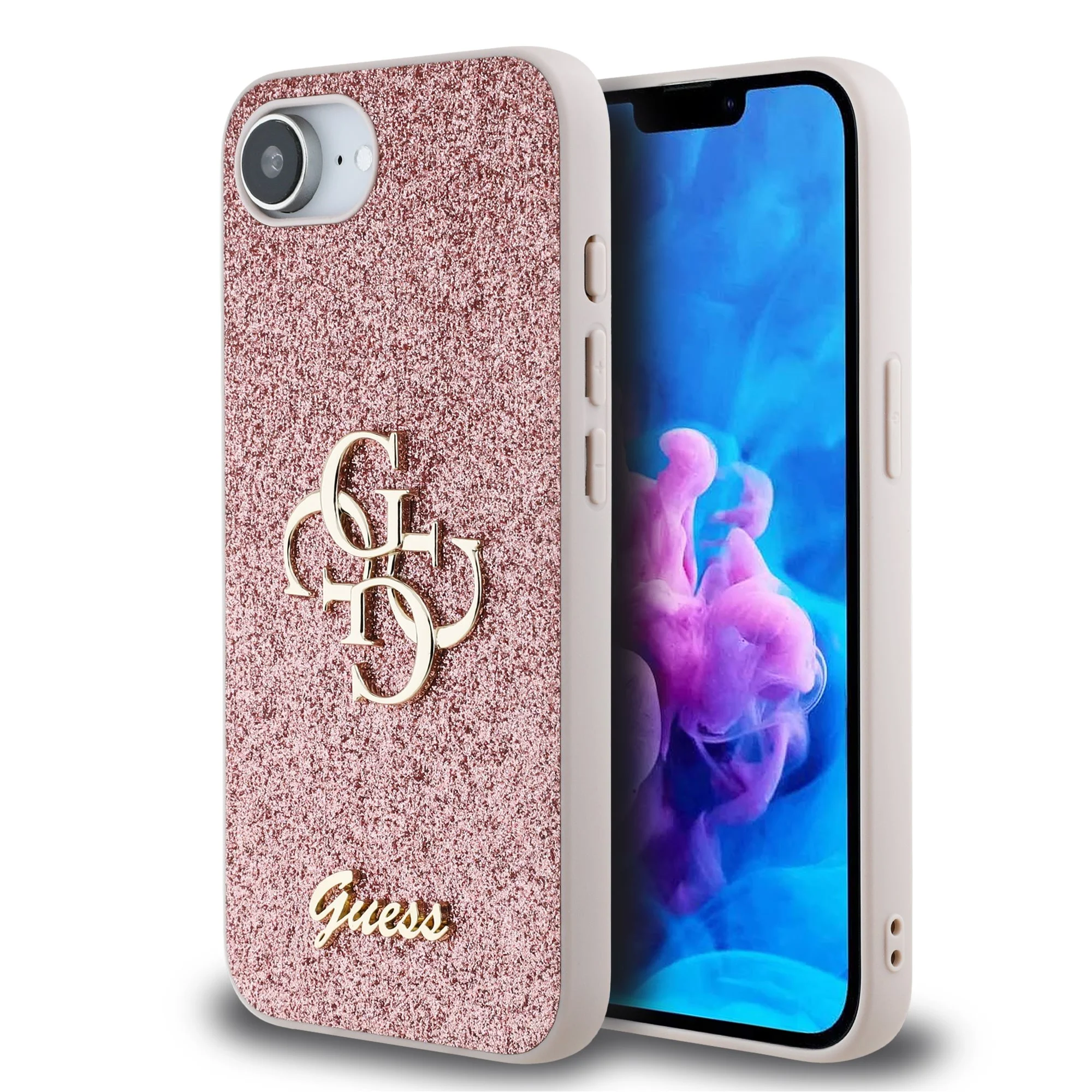 Калъф GUESS Apple iPhone 16e, PU Fixed Glitter 4G Metal Logo, розов - GUHCPSE4HG4SGP