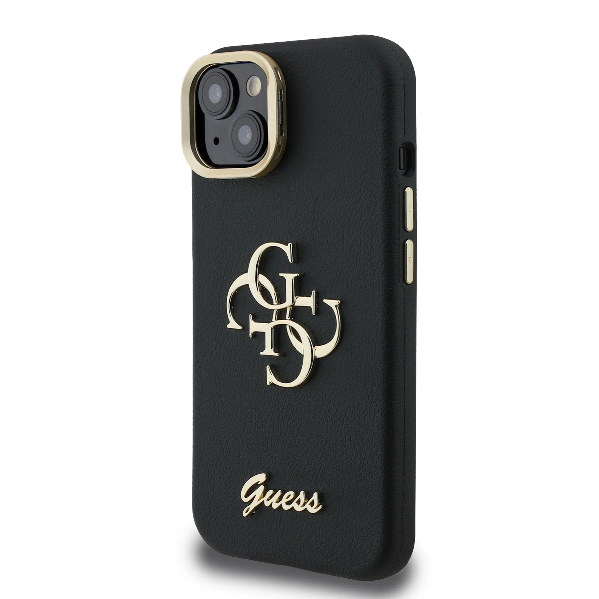 Калъф Guess PU Grained 4G Logo Stand Camera Frame за iPhone 15 – черен силиконов калъф с лого 4G, изглед на стойка и изправен
