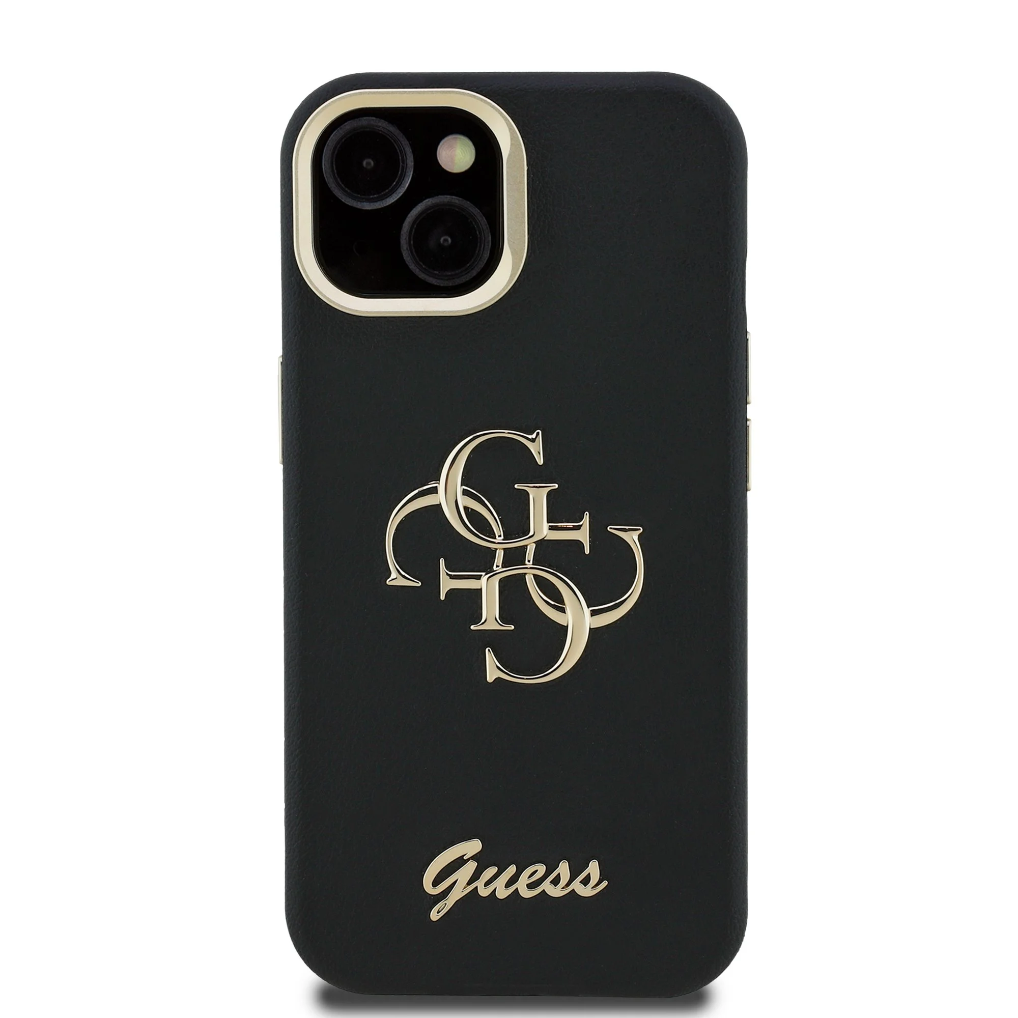 Калъф Guess PU Grained 4G Logo Stand Camera Frame за iPhone 15 – черен силиконов калъф с лого 4G, изглед отзад
