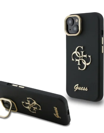 Калъф Guess PU Grained 4G Logo Stand Camera Frame за iPhone 15 – черен силиконов калъф с лого 4G, детайлен изглед