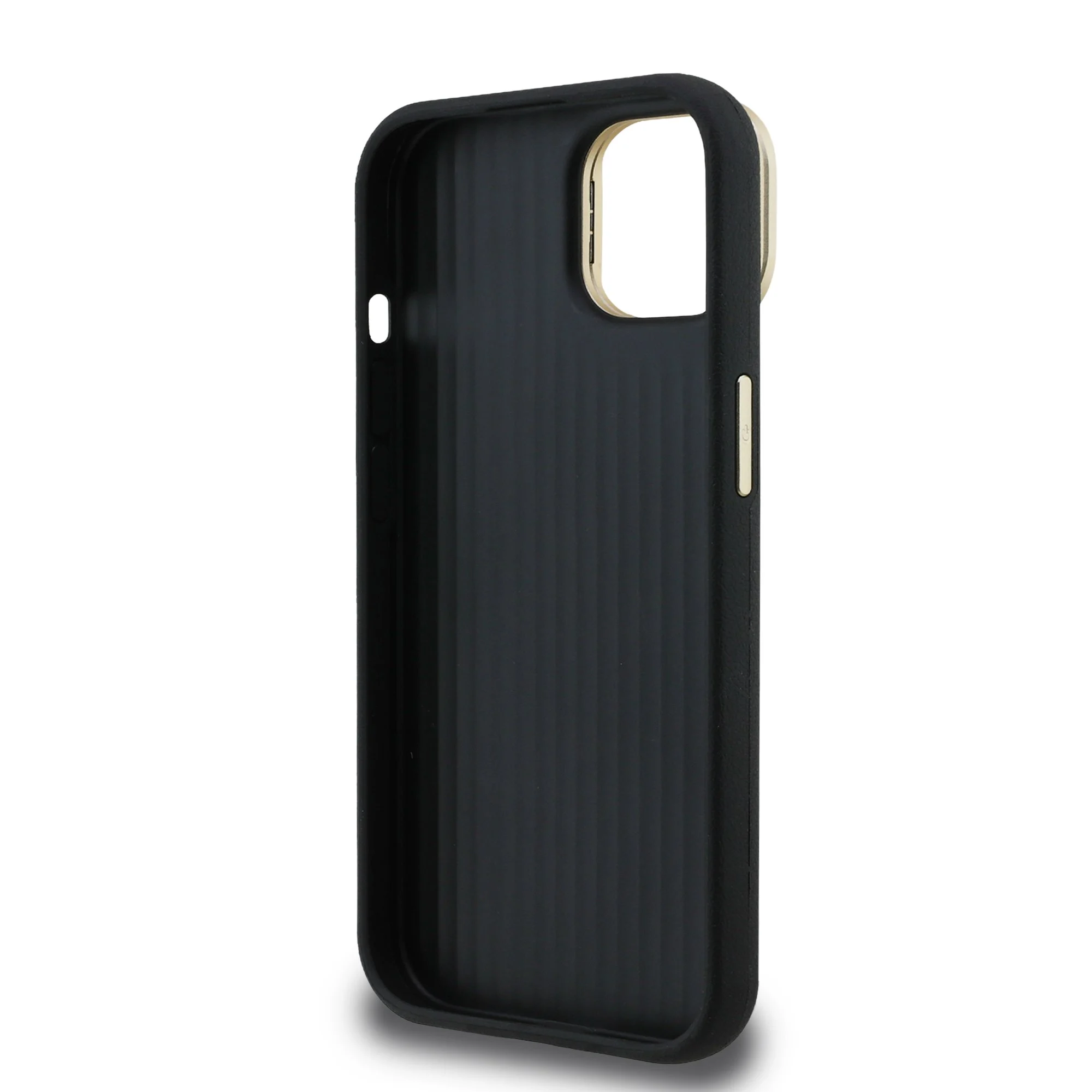 Вътрешен изглед на калъф Guess PU Grained 4G Logo Stand Camera Frame за iPhone 15 – черен силиконов калъф