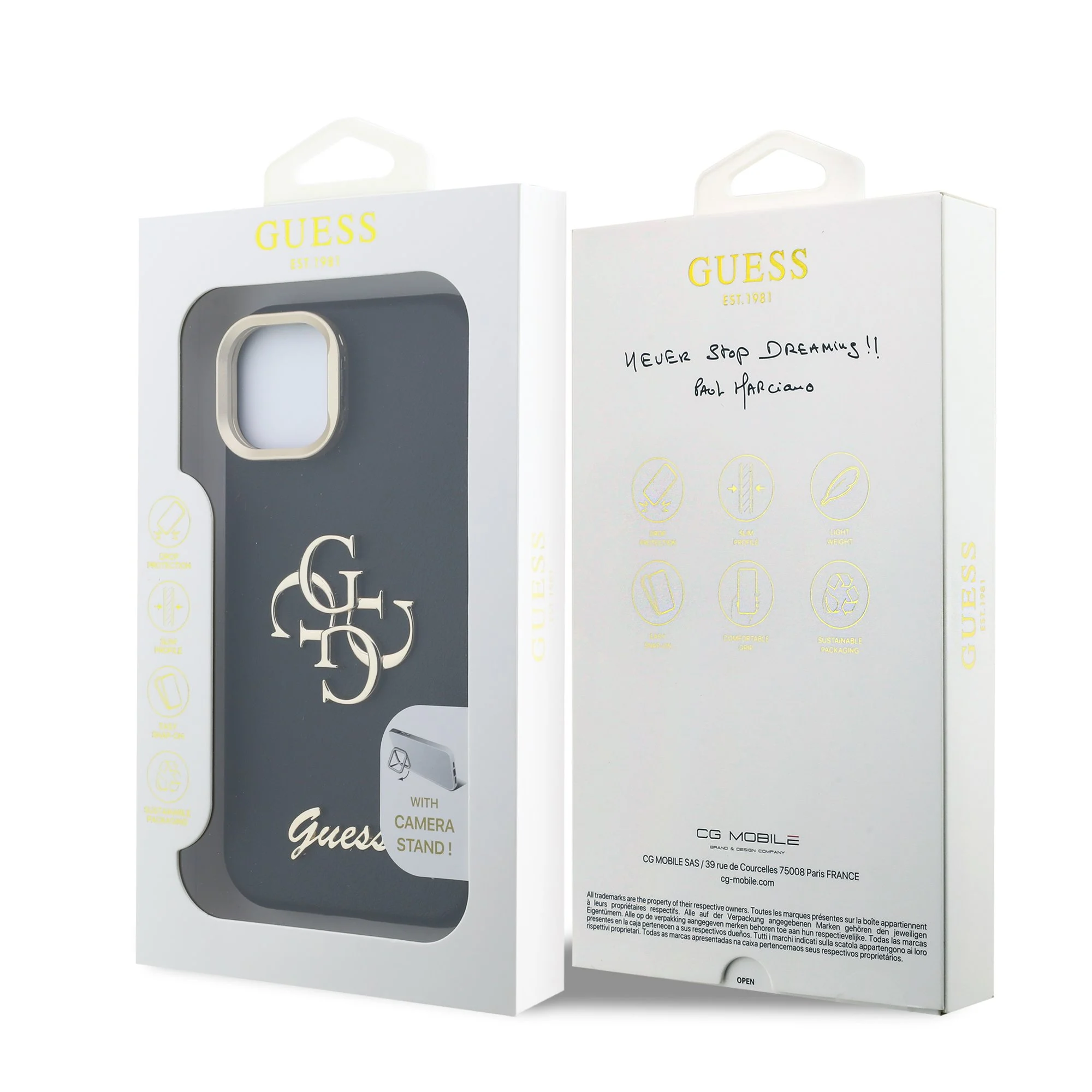 Опаковка на калъф Guess PU Grained 4G Logo Stand Camera Frame за iPhone 15 – черен калъф