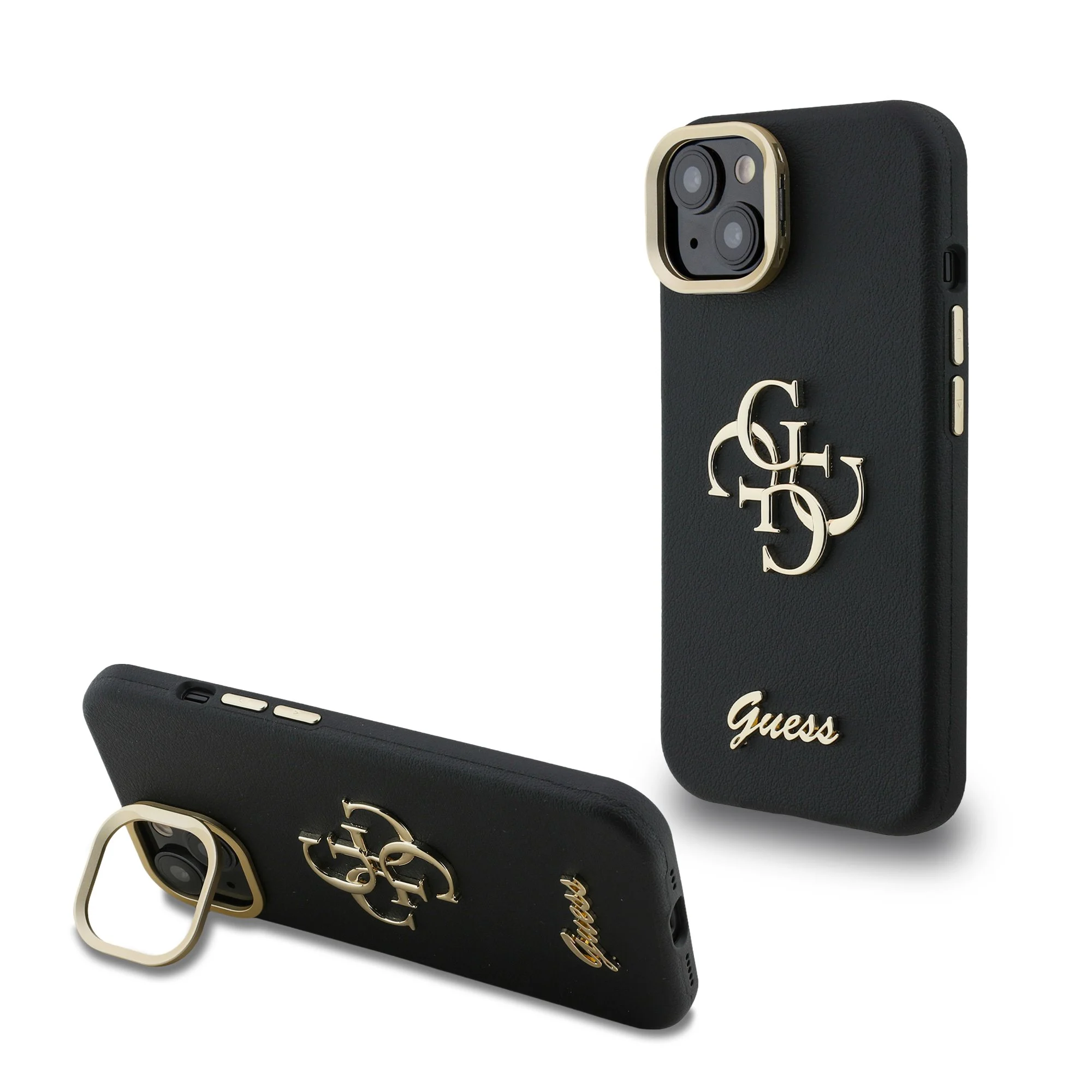 Калъф Guess PU Grained 4G Logo Stand Camera Frame за iPhone 15 – черен силиконов калъф с лого 4G, детайлен изглед