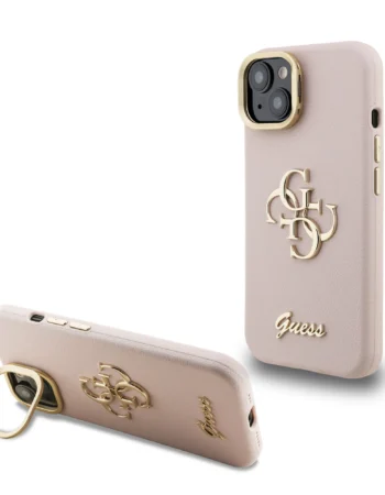 Калъф Guess PU Grained 4G Logo Stand Camera Frame за iPhone 15 – розов силиконов калъф с лого 4G, изглед на стойка и изправен