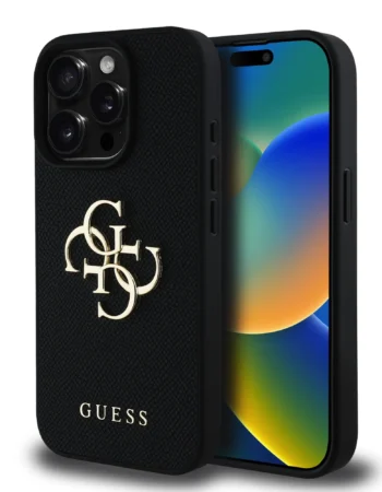 GUESS Калъф Apple iPhone 16 Pro, PU Grained 4G Metal Logo, черен - GUHCP16LPGT4MBK
