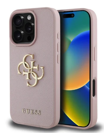GUESS Калъф Apple iPhone 16 Pro, PU Grained 4G Metal Logo, розов - GUHCP16LPGT4MBP