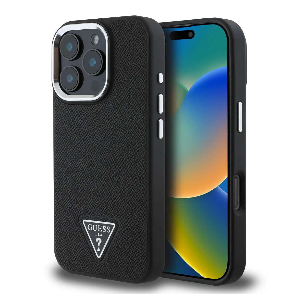 GUESS Калъф Apple iPhone 16 Pro, PU Grained Triangle Logo, черен - GUHMP16LPGTSPSK