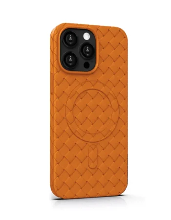 Кейс Joyroom Braiding Series за iPhone 15 Pro – оранжев, MagSafe съвместим, плетен релеф, изглед на гърба