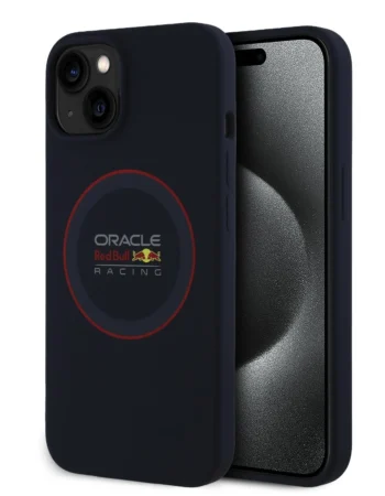 Силиконов калъф Oracle Red Bull Racing за iPhone 13 – тъмносин гръб със червен MagSafe пръстен