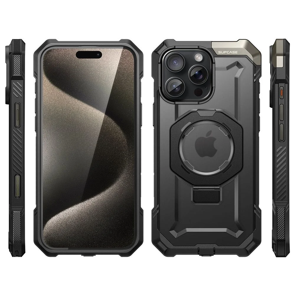 Калъф SUPCASE UB Grip MagSafe за Apple iPhone 16 Pro – черният защитен калъф с MagSafe пръстен, преден, заден и страничен изглед