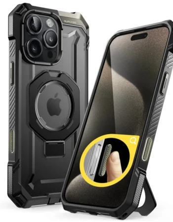 Калъф SUPCASE UB Grip MagSafe за Apple iPhone 16 Pro – черен защитен калъф с MagSafe пръстен, демонстриран с захват за палец